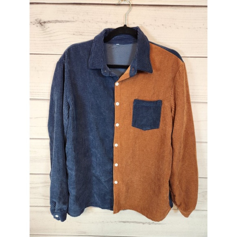 Unbranded Womens Blue Brown Patchwork Corduroy Long Sleeve Button Down Shirt S